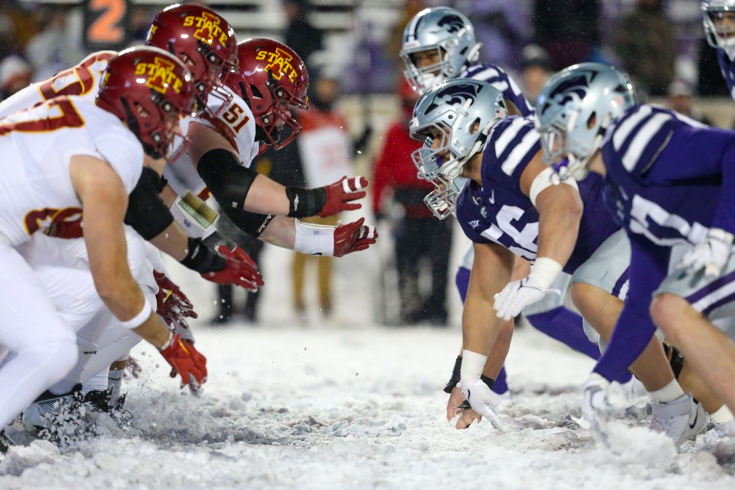 sNov 25, 2023; Manhattan, Kansas, USA; Iowa State Cyclones and Kansas State Wildcats face off in the fourth quarter at Bill Snyder Family Football Stadium. Mandatory Credit: Scott Sewell-USA TODAY Sports  